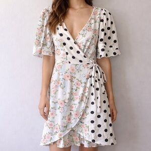 For Love & Lemons Savannah Mini Wrap Dress XS Floral Polka Dot Puff Sleeve